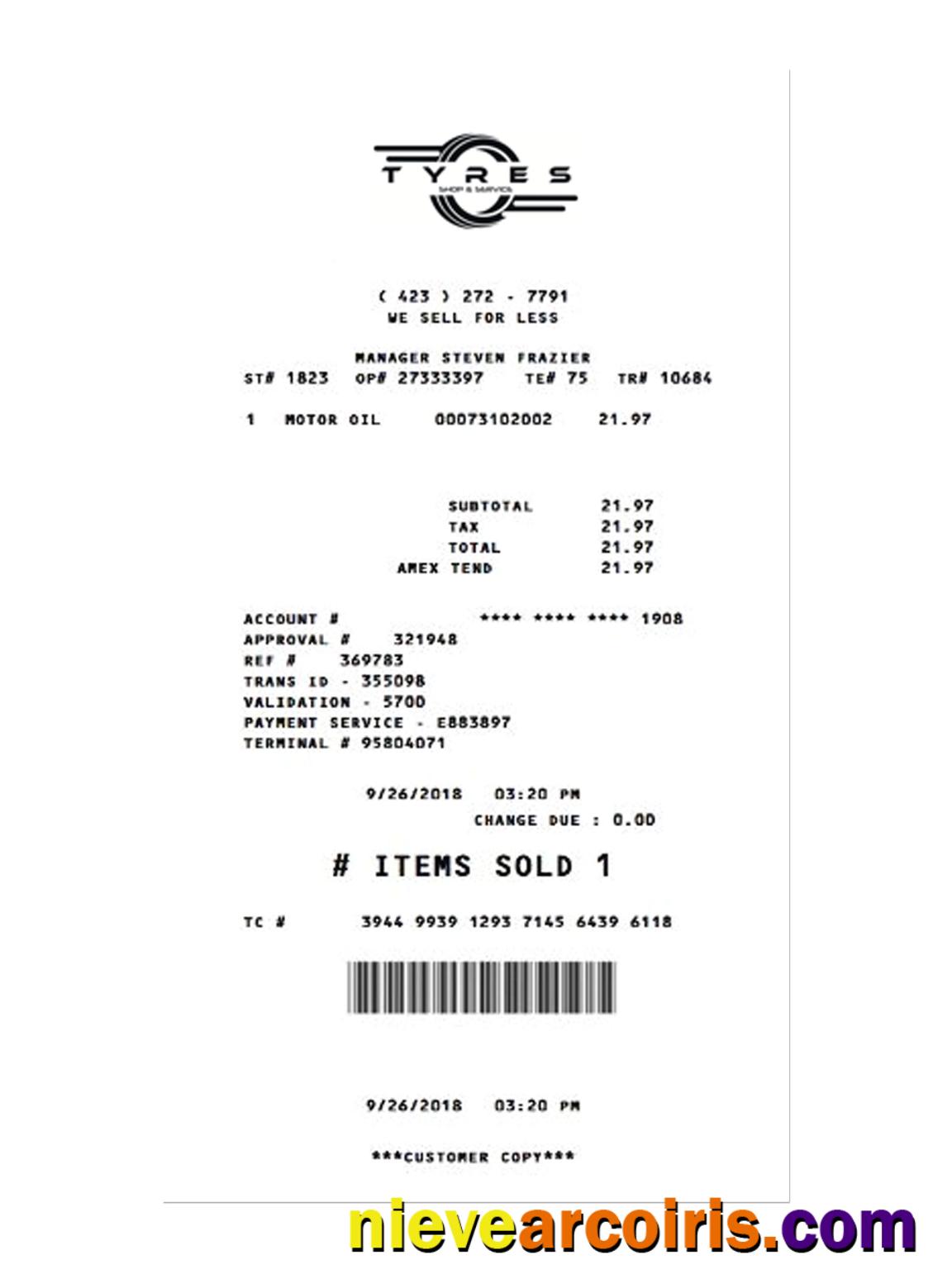 TYRES SHOP payment receipt